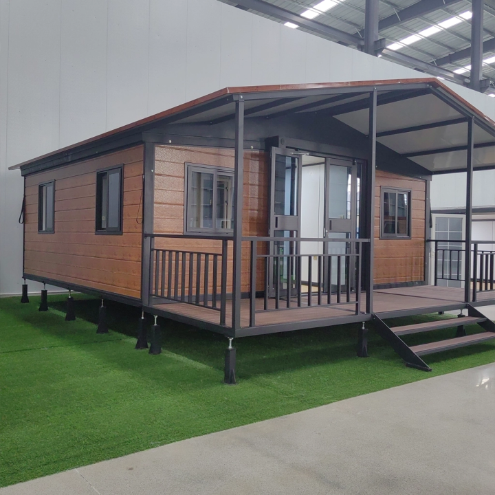 Gable Roof Expandable House Wood-Look Siding Double Glass Doors